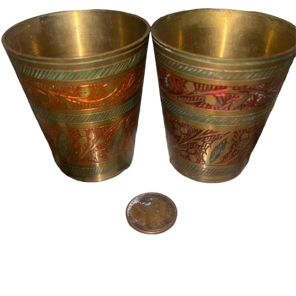 3 Vintage Brass Etched Hand Painted Shot Glass Made in India Circa WWII VTG GUC - Picture 9 of 14